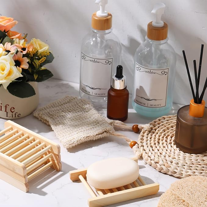Soap Accessories Set Including Wood Soap Holder Soap Dishes for Bar Soap Tray, Soap Saver Bag Exfoliating Soap Pouch, Self Draining Soap Saver Pads for Bathroom Men Bath (120)
