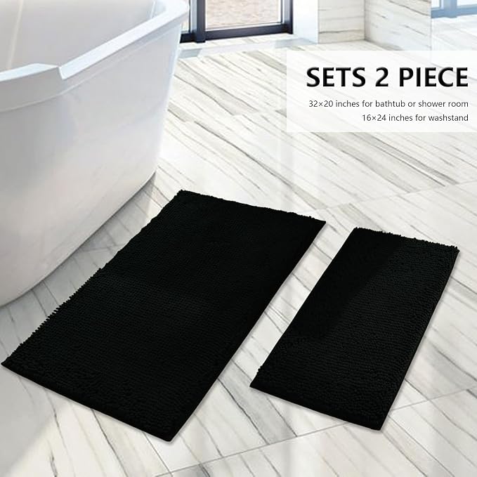 Bathroom Rugs Sets 2 Piece, Extra Soft Chenille Bath Mat Ultra Absorbent Bathroom Rug, Bathroom Mat with Sturdy PVC Non-Slip Bottom, Machine Washable Bath Rugs (20x32 Inch + 16x24 Inch, Black)