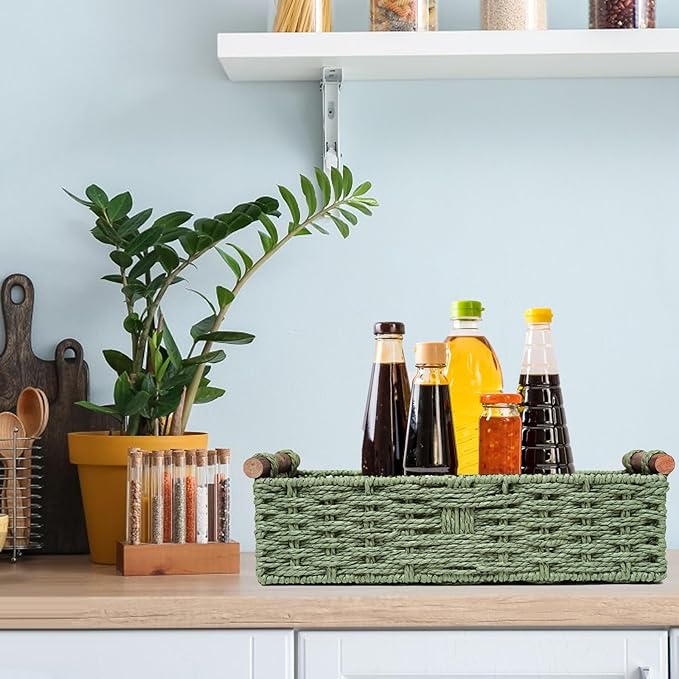 Round Paper Rope Storage Basket Wicker Baskets for Organizing with Handle Decorative Storage Bins for Countertop Toilet Paper Basket for Toilet Tank Top Small Baskets , Green