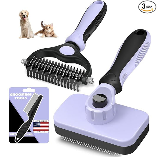 Professional 3PCS Self Cleaning Slicker Brush & Pet Grooming Rake & Flea Comb for Dogs,Cats and Horses | Double-Sided Dematting Comb & Skin Friendly Deshedding Grooming Tool (Light Purple)