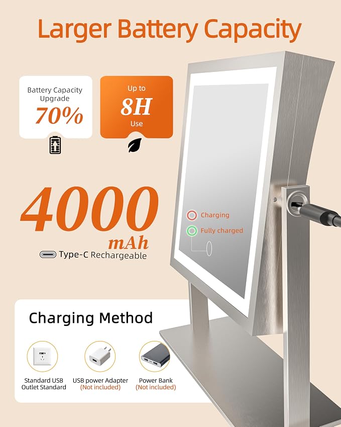 Ruacq Makeup Mirror with Lights, Dual Sided 1X/10X, Brushed Nickel | 8",4000mAh Rechargeable, Magnifying Mirror with 3 Color Lights,Touch Control Dimmable, 360° Rotation, Square, Gift for Women