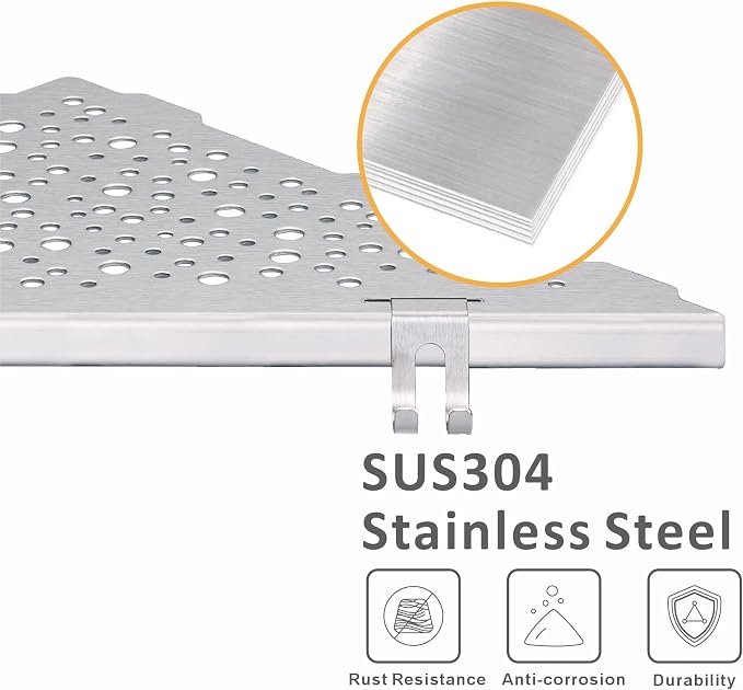 WELLUP Shower Corner Shelf with 4 Hooks,No-Drill 10" Brushed Nickel 304 Stainless Steel Recessed Shelves for Bathroom Tile Walls,2-Pack