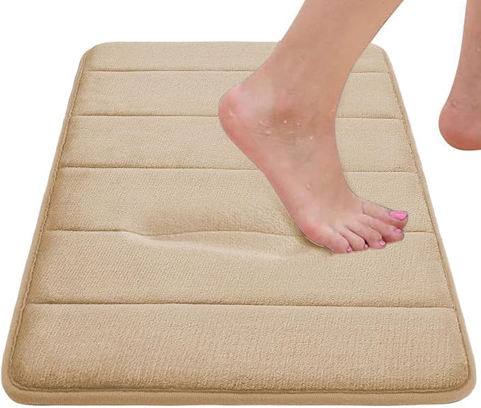RUN HELIX Memory Foam Bath Mat Set 3 Piece, Soft and Comfortable, Super Water Absorption, Non-Slip, Thick, Machine Wash, Easier to Dry for Bathroom Floor Rug, Beige Toilet Rug Bathroom Set