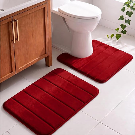U-Shaped Toilet Bath Mat Set 2 Piece - Super Soft Absorbent Quick Dry Memory Foam Bathroom Rugs, Machine Washable Non Slip Floor Carpet for Tub Shower & Single Sink 16x24 & 20x20,(Burgundy)