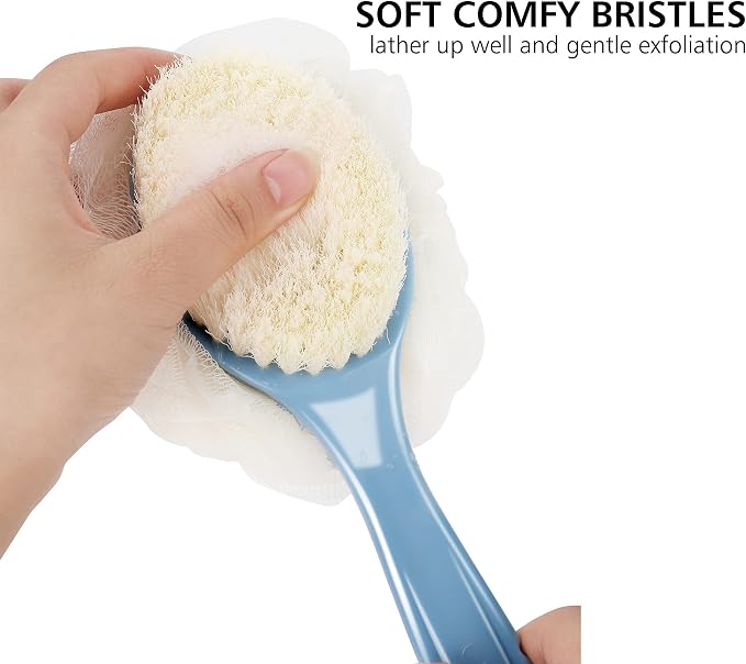 Shower Body Brush Bristles & Mesh Loofah Sponge,Curved Handle Back Scrubber | Long Handle Bath Brush with Mesh Sponge for Skin Exfoliating,Massage Bristles Suitable for Wet or Dry,Men & Women(Black)
