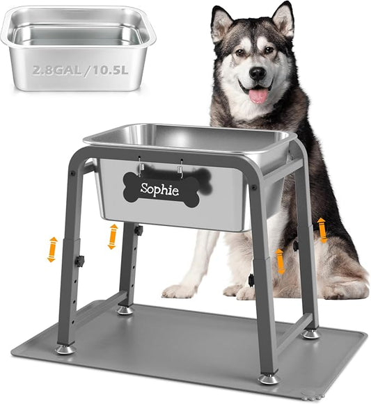 2.8 Gallon Elevated Large Dog Water Bowl with Mat, 4 Height Adjustable 10.4-15.2", Raised Dog Water Bowl Stand for Large Breed