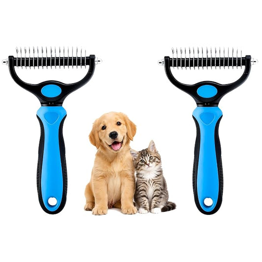 2-in-1 Double-Sided Pet Grooming Comb for Dogs & Cats - Deshedding Brush & Rounded-Tooth Dematting Tool | Painlessly Removes Knots, Tangles, Loose Undercoat & Fur in Thick/Long Coats (Blue-Large*2)