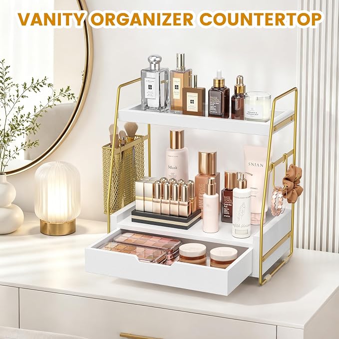 2-Tier Bathroom Counter Organizer with Drawer and Basket, Wood Vanity Countertop Storage for Perfume, Makeup, Skincare, Bathroom Counter Shelf, 13" x 7.9" x 14.5", White Gold