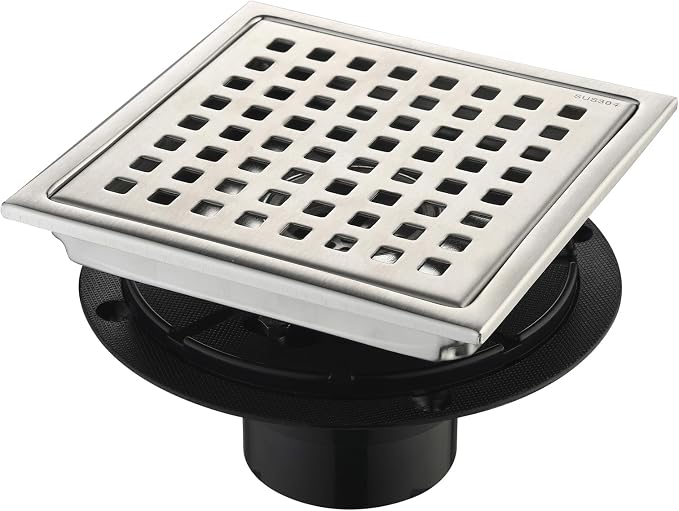 6 Inch Square Shower Drain with Removable Square Grille, Brushed 304 Stainless Steel, PVC Shower Drain Base, Includes Hair Strainer for Kitchen, Bathroom, Garage