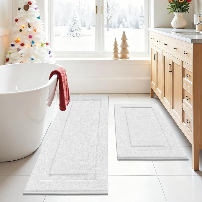 SHACOS Soft Microfiber Bathroom Rugs Set of 2 Pieces, White | 47x20 + 32x20, Absorbent Plush Bath Rugs, Non Slip Washable Shaggy Bath Mats, Fluffy Bathroom Runner Floor Mats Shower Rug