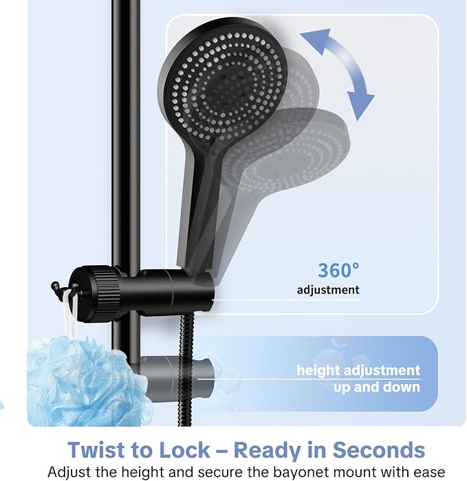 OFFO Shower Head Holder, Adjustable Handheld Shower Head Holder with 2 Hooks for 0.75-0.87 in Shower Hose, 360 Degree Rotation Shower Handle Holder for 0.63-1.1 in O.D. Shower Slide Bar, Matte Black