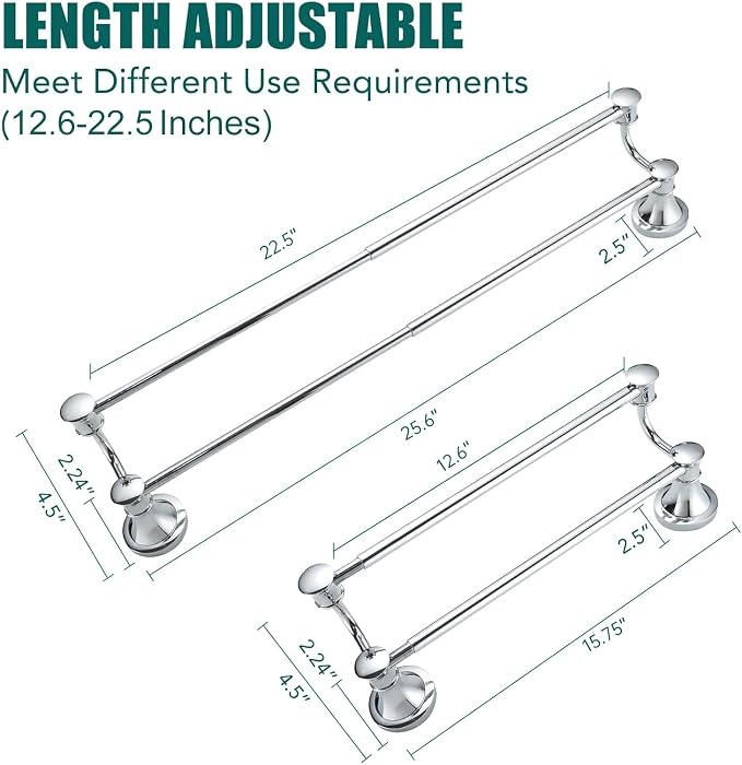 Hoimpro Adjustable Retractable 12-25 Inches Stainless Steel Bathroom Towel Bar, Bathroom Accessories Bath Hotel Double Towel Bar Rod Hanger Wall Mounted Towel Holder Towel Rack, Polished Chrome