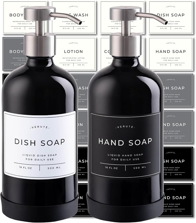 Hand and Dish Soap Dispenser for Kitchen and Bathroom, Set of 2 16 Oz Glass Bottles, Stainless Steel Pumps, Non-Slip Silicone Base, 27 Waterproof Labels (Gloss Black Bottle/Brushed Silver Pump)