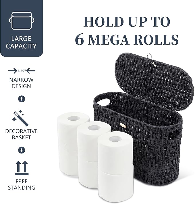 Coeusy Toilet Paper Storage Basket with Lid, Paper Rope Toilet Paper Holder for Up to 6 Mega Rolls, Wicker Basket for Bathroom Accessories Organizer, Boho Hand Woven Rattan Decorative Decor, Black