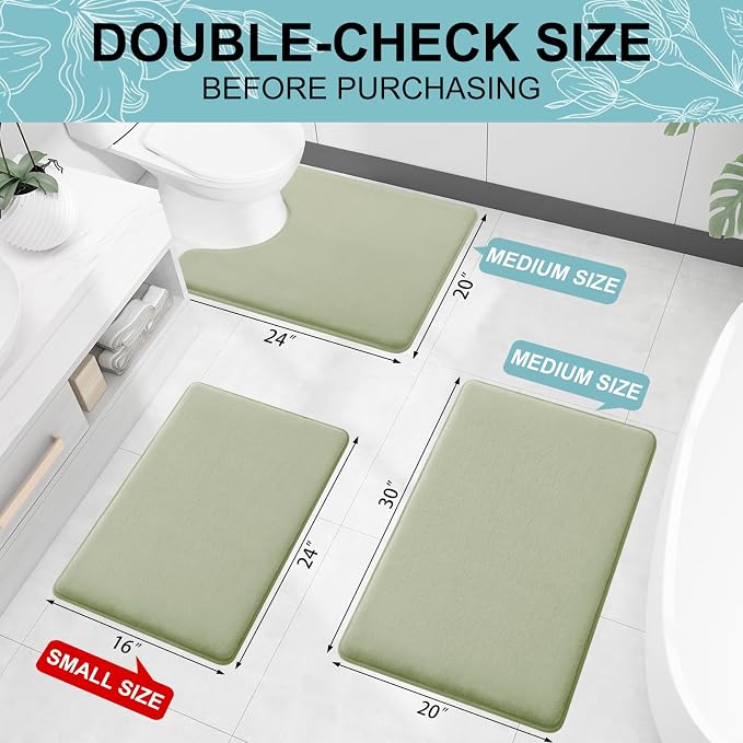 Smiry Memory Foam Bath Mat 36x24, Extra Soft and Absorbent Bathroom Rugs | Sage Green, Quick Dry Machine Washable Non-Slip Bath Mat for Bathroom Floor, Shower and Tub