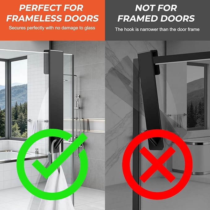 Kontoyo Shower Door Hooks(7.5 Inch),Extended Over Door Hooks for Bathroom Frameless Glass Shower Door,Stainless Steel Towel Hooks,Heavy Duty Rack Hooks for Robe,Towel-4 Pack-Black