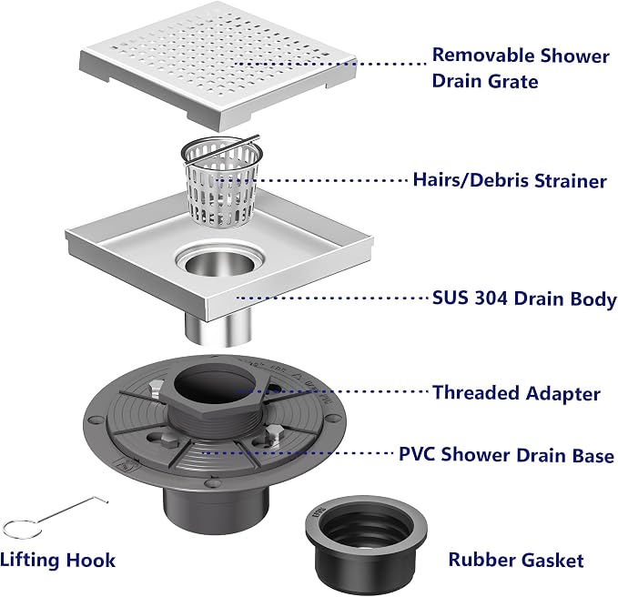 Neodrain 6-Inch Square Shower Drain with Removable Quadrato Pattern Grate, PVC Shower Drain Base and Rubber Gasket for Bathroom Floor Drain, Brushed 304 Stainless Steel, Includes Hair Strainer