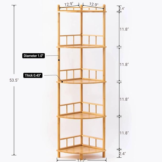 5-Tier Expandable Bamboo Corner Shelf Stand,Corner Bookshelf, Display Storage Shelves with Open Shelves, for Organization and Storage, Living Room, Home Office, Garage (Natural, 5-Tier WithRail)
