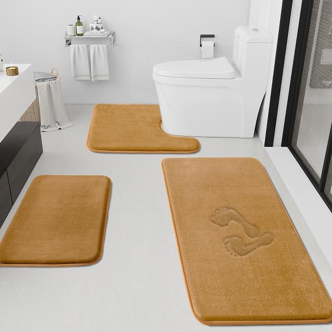 Bathroom Rugs Sets 3 Piece, Non-Slip & Quick Dry Bath Mat Set, Ultra Soft Velvet Bath Rugs for Bathroom, Toilet and Shower Floor, Khaki