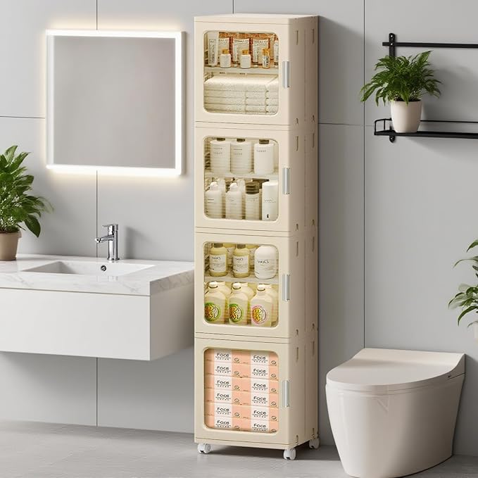 4-Tier Tall Narrow Bathroom Storage Cabinet with Magnetic Doors, Adjustable Shelves, Plastic Slim Bathroom Organizers and Storage Small Spaces Pantry Kitchen Laundry Room Quick Assembly