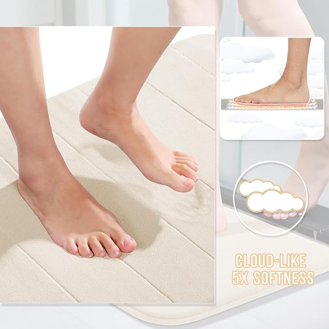 Yimobra Memory Foam Bath Mat Set 3 Pieces- Super Soft Absorbent Quick Dry Bathroom Rug Sets, Machine Washable Non Slip Floor Carpet for Tub Shower, Vanity & Toilet Base, Cream White