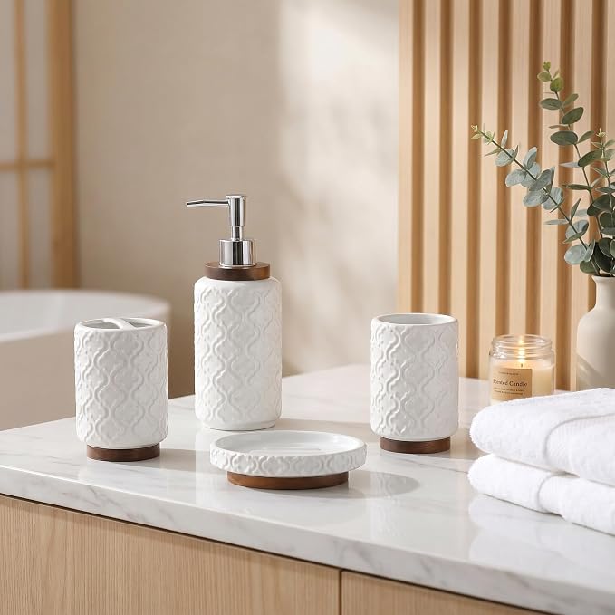 RQYIXI Ceramic 4-Piece Bathroom Accessories Set,White | Countertop Essentials Embossed Textured Design Solid Wood Non-Slip Detail Pearl White Finish