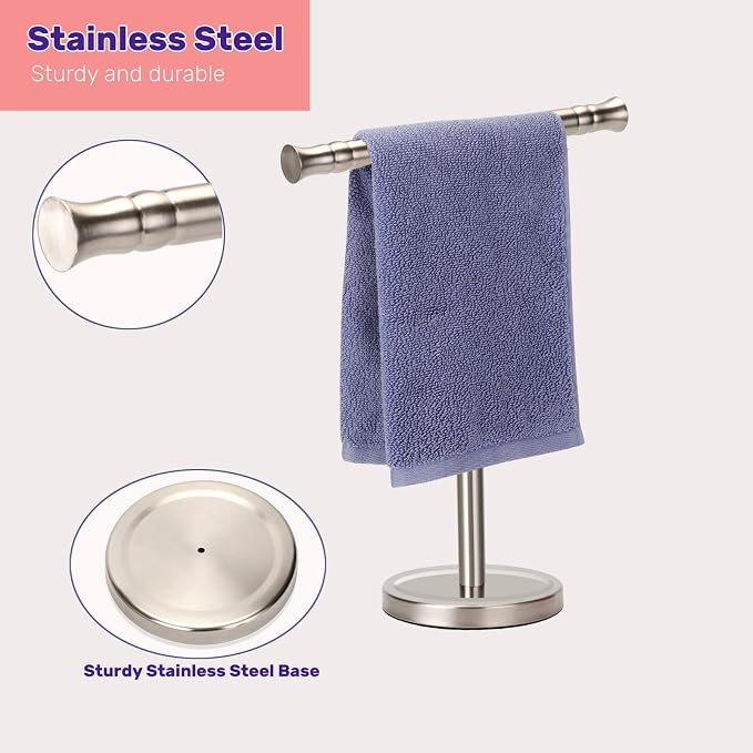 Hand Towel Holder Stand for Bathroom Vanity Countertop SUS304 Stainless Steel T-Shape Free Standing Towel Rack Stand Towel Bar for Bathroom Kitchen (Brushed Nickel)