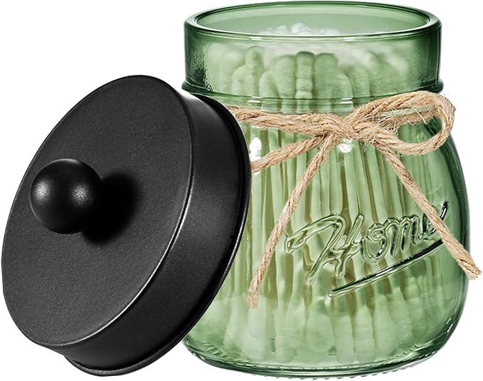 SheeChung Green Glass Mason Jar Qtip Holder Dispenser with Black Metal Lid | Apothecary Jar Canisters Set,Stainless Steel Lid,Small Bathroom Jars,Vanity Storage Organizer for Cotton Swabs,Ball,Pad,Floss
