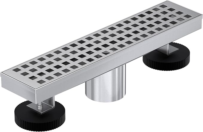 Linear Shower Drain 12 Inch, Modern Rectangle Shower Floor Drain with Removable Quadrato Pattern Grate, Stainless Steel SUS 304, Linear Drain with Leveling Feet& Hair Strainer