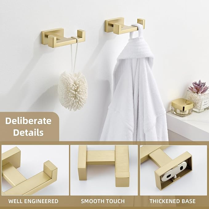 Angle Simple Double Towel Hook, SUS304 Stainless Steel Hand Towel Holder, Bathroom Robe Coat Hook for Wall, Brushed Gold, 2 Pack