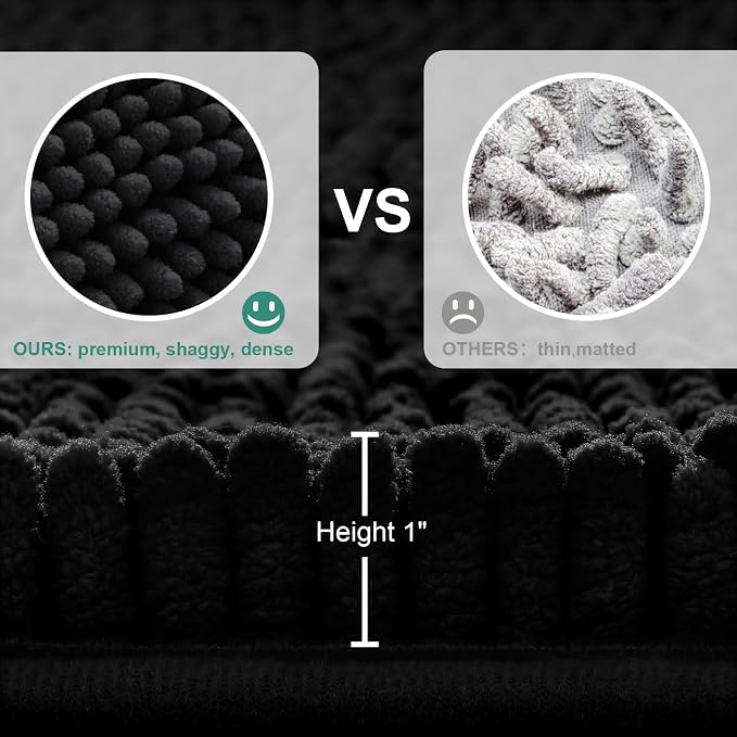 HOMEIDEAS 3 Pieces Black Bathroom Rugs Set, Ultra Soft Non Slip Bath Rug and Absorbent Chenille Bath Mat, Includes U-Shaped Contour Rug, Bath Mat and Toilet Lid Cover, Perfect for Bathroom, Tub