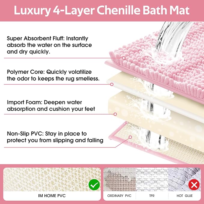 ACCUMTEK Christmas Striped Pink Bathroom Rug Mat Set 2 piece 32"x20"+24"x17" Ultra Soft, Non Slip Chenille Bath Rugs, Absorbent Plush Shaggy Bath Mats for Bathroom, Bedroom, Kitchen, Shower, Tub