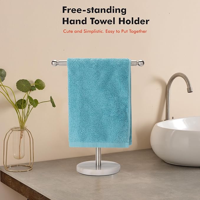 Kalitro Towel Rack with Heavy Marble Base, Free Standing Hand Towel Holder Stand for Bathroom Stainless Steel T-Shape Brushed Nickel