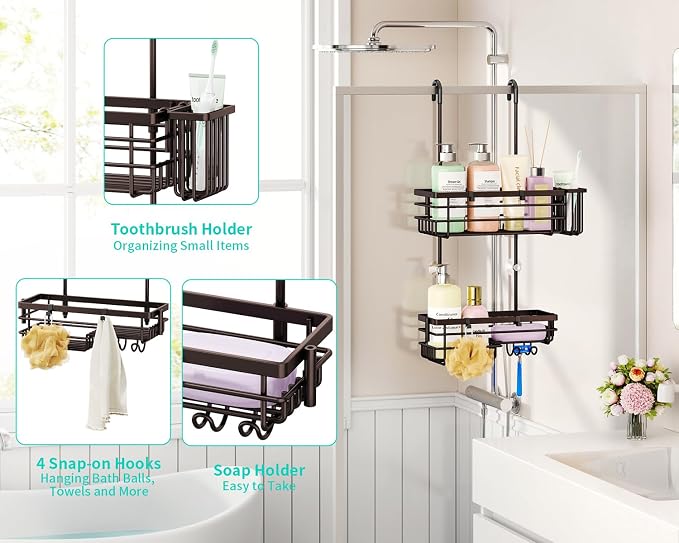 HapiRm Hanging Shower Caddy Organizer - No Drilling Shower Shelves with Hooks and Toothbrush Holder, Rustproof 304 Stainless Steel Bathroom Organizer - Bronze