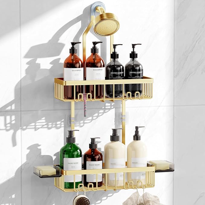 Shower Caddy Hanging, Never Rust Shower Organizer Hanging, Aluminum Shower Racks for Inside Shower with Hooks for Razor, Bathroom Organizers and Storage with Soap Holder, Gold