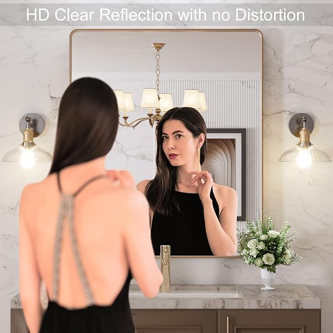 LOAAO 30"X36" Gold Bathroom Mirror | Rounded Rectangle, Brushed Gold Frame, Wall-Mounted, Anti-Rust, Tempered Glass, Hangs Horizontally or Vertically