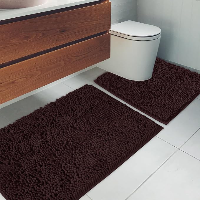 Bathroom Rugs Chenille Bath mat 2 Piece Set, Super Absorbent, Strong PVC Non Slip Backing, Bath mats for Bathroom, Plush Shaggy, Thick, Machine Washable, Bathtub, Shower, Toilet.(Brown)
