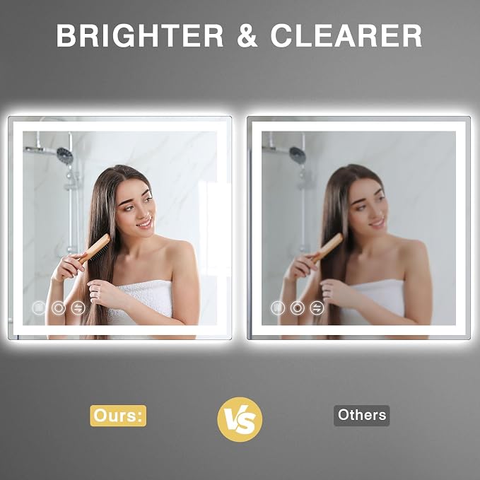 Memobarco 24" x 24" LED Bathroom Mirror with Lights, Memory Vanity Mirror | Anti-Fog, 3 Color Modes, Dimmable, Front Lit, Memory Function, Tempered Glass, Lighted Bathroom Mirror for Wall
