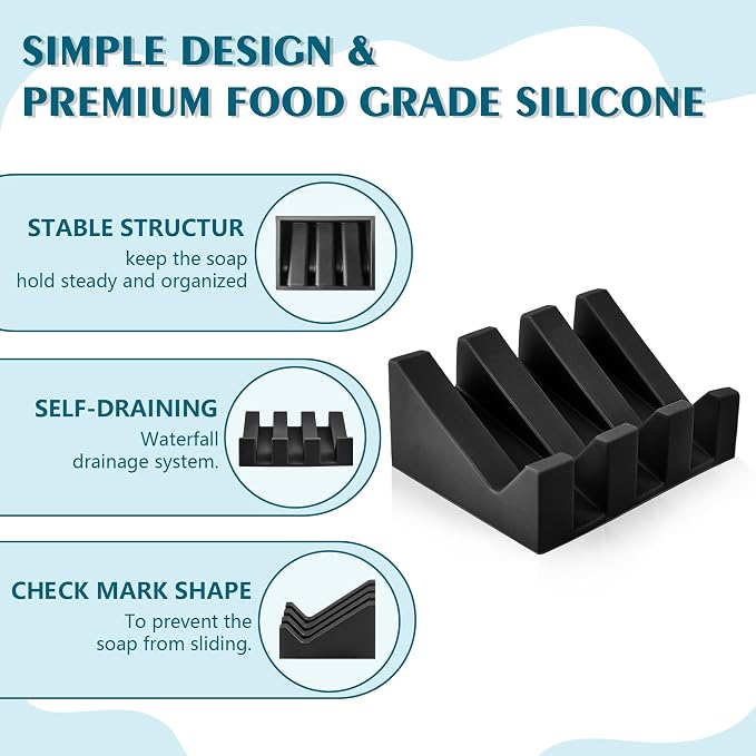 Self Draining Soap Dish Holder,Silicone Soap Dish,for Bathroom,Kitchen, Sponges，Can Extend Soap Life，Keep Soap Bars Dry and Easy Cleaning (Black,2-Pack)
