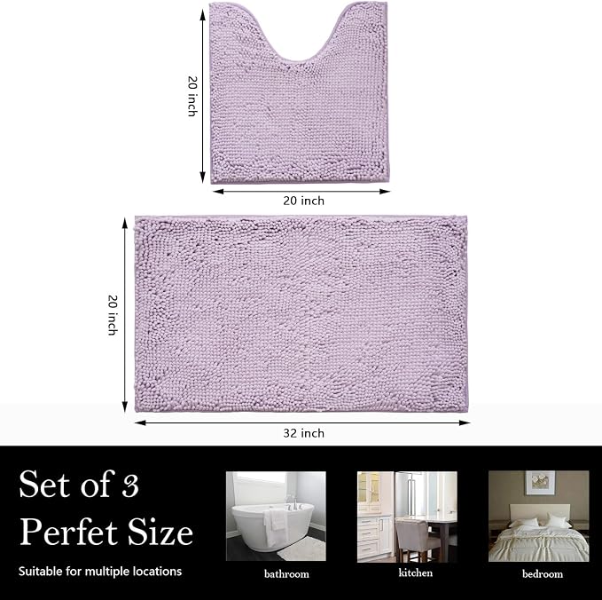 Bathroom Rugs Chenille Bath mat 2 Piece Set, Super Absorbent, Strong PVC Non Slip Backing, Bath mats for Bathroom, Plush Shaggy, Thick, Machine Washable, Bathtub, Toilet.(Lavender)