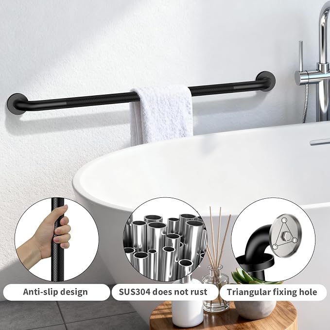 42 Inch Matte Black Shower Grab Bar w/Anti Slip Knurled Grip, ZUEXT Stainless Steel Bath Grab Bar,Bathroom Balance Bar, Wall Mount Safety Handrail Support, Handicap Injury Elderly Senior Assist Handle