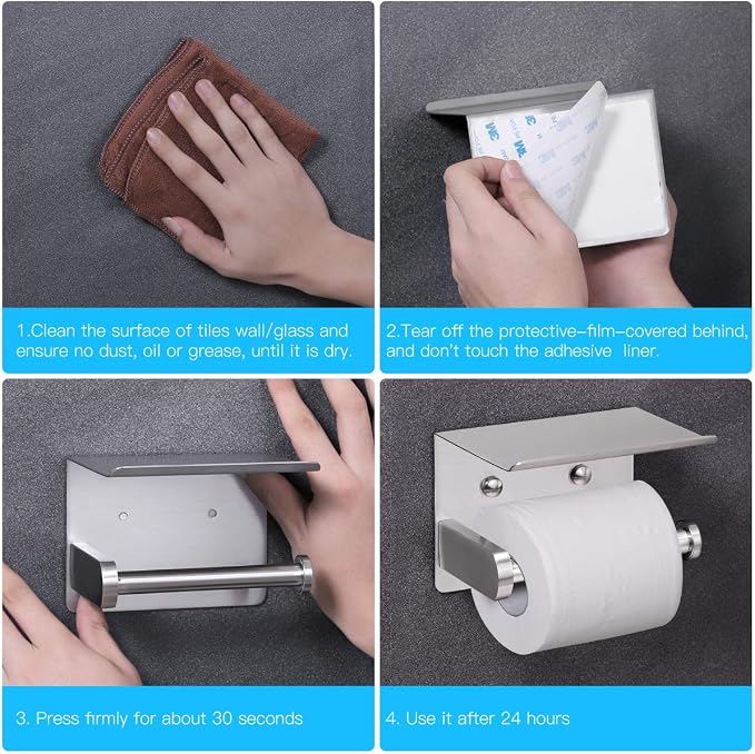 VAEHOLD Self Adhesive Toilet Paper Holder with Phone Shelf Stainless Steel Wall Mounted Toilet Paper Roll Holder - Rustproof and Bathroom Washroom Tissue Roll Holder with Storage Shelf - Silver