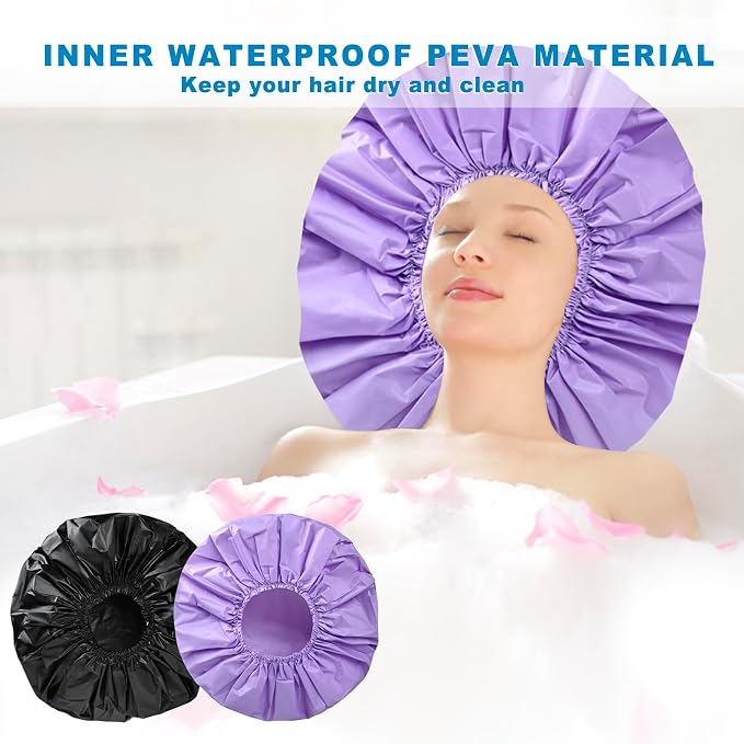 Super Jumbo Shower Cap for Women, 2 PCS Waterproof Hair Caps for Locs | Extra Large, Double Side Reusable PEVA Bath Cap, Washable, Holds Long Thick Twist Braid - Black + Purple