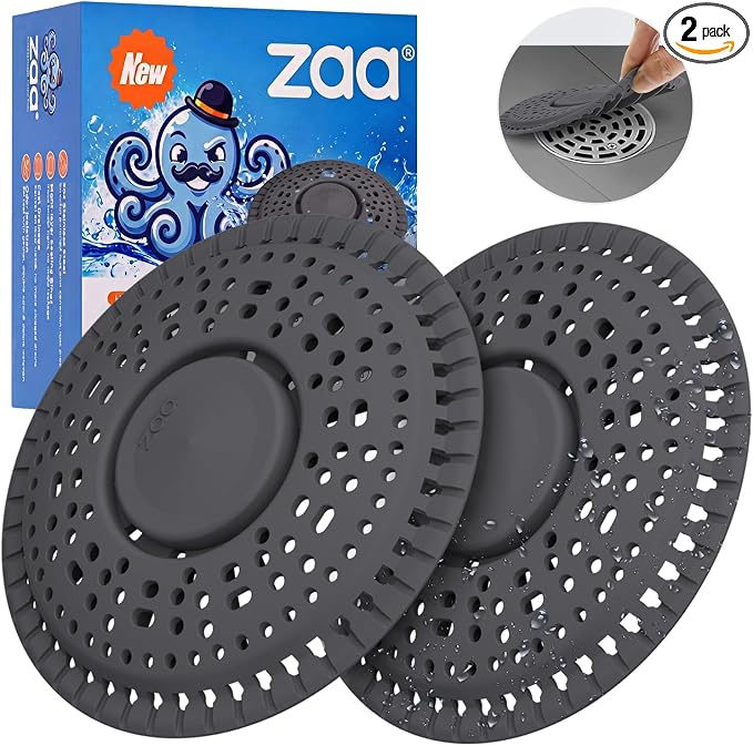 Shower Drain Hair Catcher Silicone Flat Floor Strainer Protector | 2 Pack Black Weighted Flat Shower Drain Protectors, Traps Hair Before Clogs, Easy to Clean in Seconds, Fits Flat Floor Drains