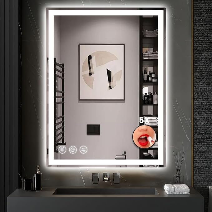 Memobarco 24" x 36" LED Bathroom Mirror with Lights, Memory Vanity Mirror | Anti-Fog, 3 Color Modes, Dimmable, Front Lit, Memory Function, Tempered Glass, Lighted Bathroom Mirror for Wall
