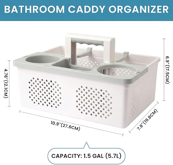 KMV Dorm Room Portable Shower Caddy with Adjustable Compartments - Ventilated Drainage Design with Handles, Perfect Toiletries Organizer for College Dorms-white