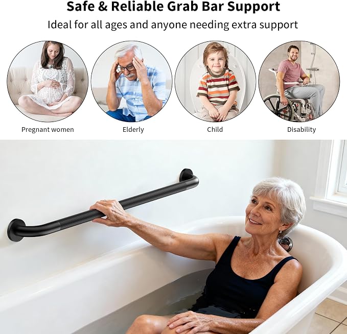 36 Inch Black Shower Grab Bar with Anti-Slip Knurled Grip,YuanDe Stainless Steel Bathroom Grab Bars，Shower Handrail Support, Handicap Elderly Balance Assist Handles