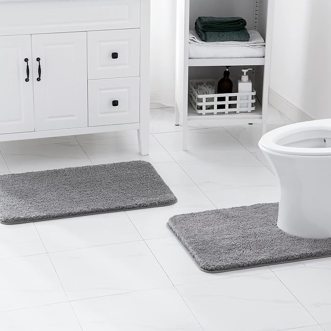 MIULEE Grey Bathroom Rugs Set 2 Piece Soft Bath Mats 20x24+20x30 Inch | Absorbent Microfiber Bath Mat and U-Shaped Toilet Rug, Non Slip, Quick Dry, for Bathroom Floor Tub Showers, Machine Washable