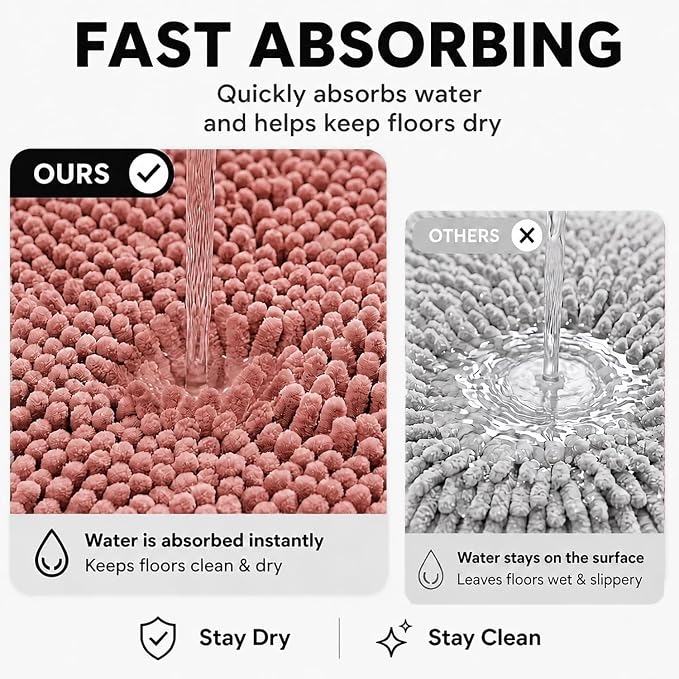 Bathroom Rugs Sets 2 Piece,Super Absorbent Soft,Thick,Machine Washable Chenille Bath Mat,Non Slip Toilet Floor Rug,Bath Mats for Bathroom,20x32 Plus 20x20 U Shape,Dusty Rose