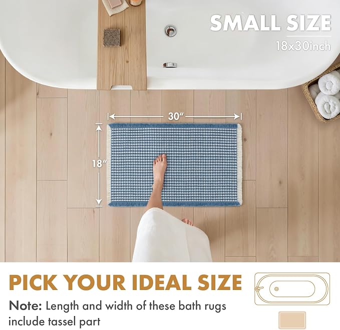 MIULEE Set of 2 Waffle Bathroom Rugs Boho Bath Mat Blue&Cream 18x30 Inch | Non Slip, Super Absorbent, Washable, Ultra Soft, Rubber Backed Bath Rugs for Bathroom Floor Tub Shower